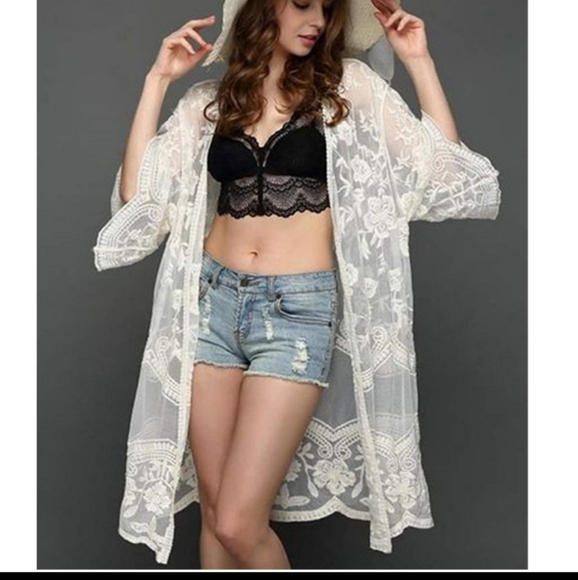 LS Woven Chiffon Floral Lace Open Front Sheer Kimono Duster Ivory - Picture 2 of 8